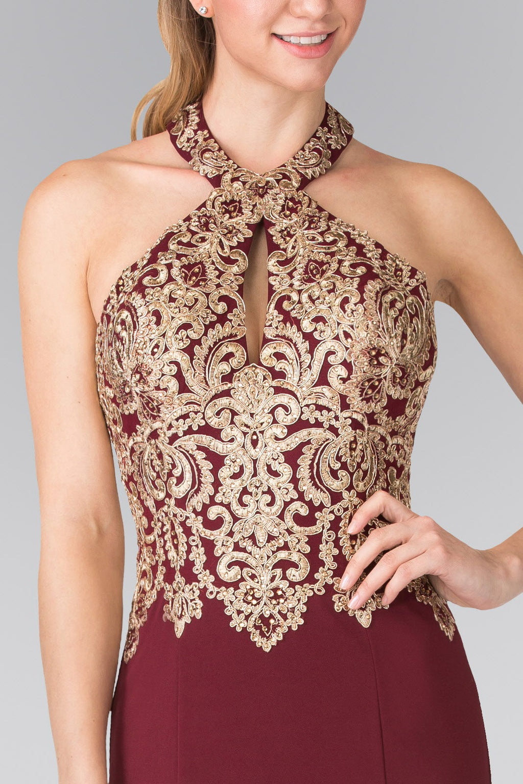 Nightgown | Embroidered Neck Halter Jersey Long Dress with Open