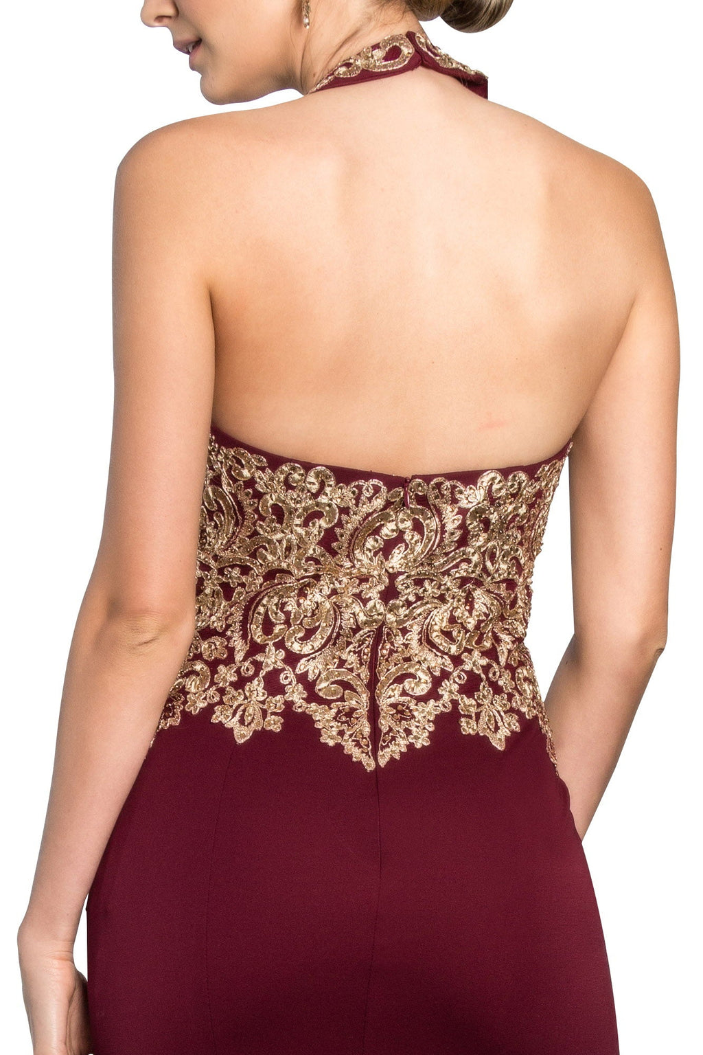 Nightgown | Embroidered Neck Halter Jersey Long Dress with Open