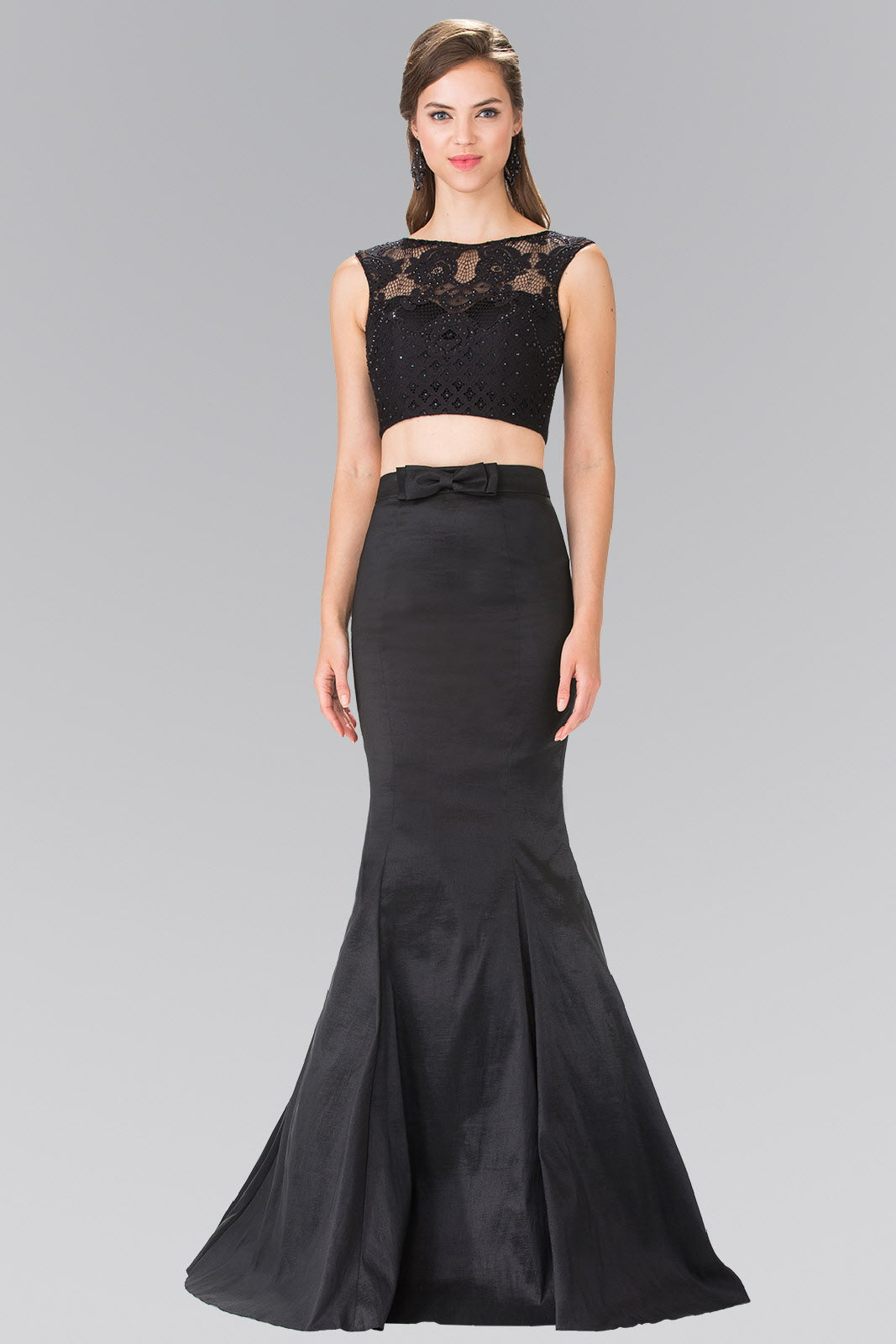 Two Piece Taffeta Long Dress Accented with Ribbon Waist and Lace Top is a women's dress selected for daily outfits, summer plans, brunch, travel, casual events, and wardrobe refreshes. Design details include Lace, Taffeta fabric; Boat-Neck Sleeve: Sleeveless Back: Zipper Embellishment: Beads Silhouette: Two-Piece neckline/strap detail. It helps customers compare style, fit, fabric, occasion, season, and available variant options before purchase.