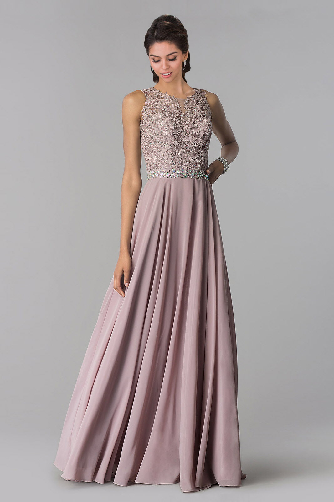 Nightgown | Jewel Embellished Lace Top Chiffon Long Dress