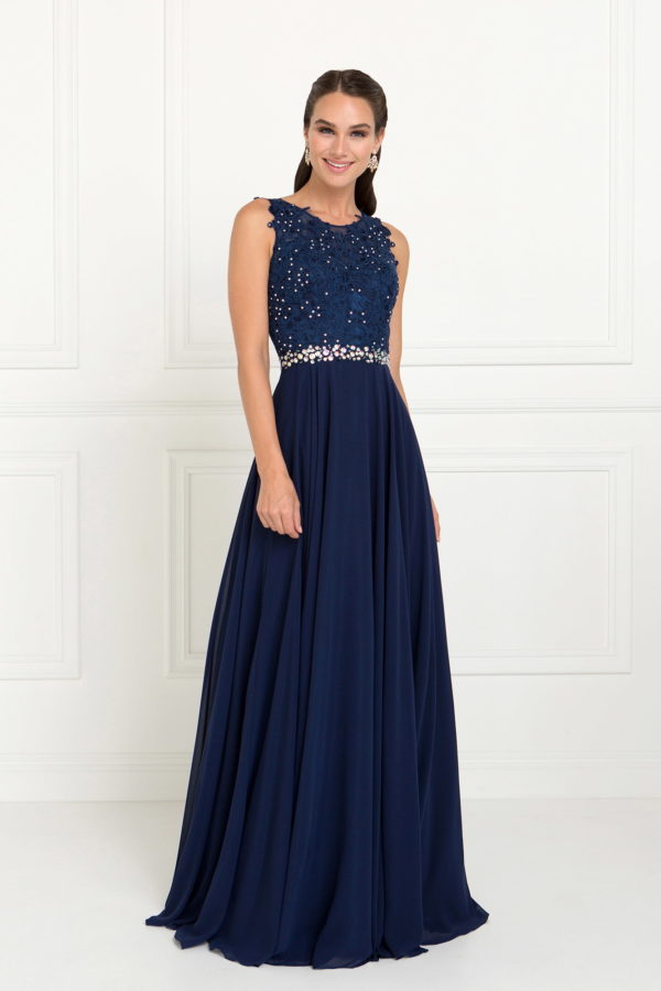 Jewel Embellished Lace Top Chiffon Long Dress is a women's dress selected for daily outfits, summer plans, brunch, travel, casual events, and wardrobe refreshes. Design details include Chiffon, Lace fabric; Scoop-Neck Sleeve: Sleeveless Back: Cut-Out-Back, Zipper Embellishment: Jewel Silhouette: A-Line neckline/strap detail. It helps customers compare style, fit, fabric, occasion, season, and available variant options before purchase.