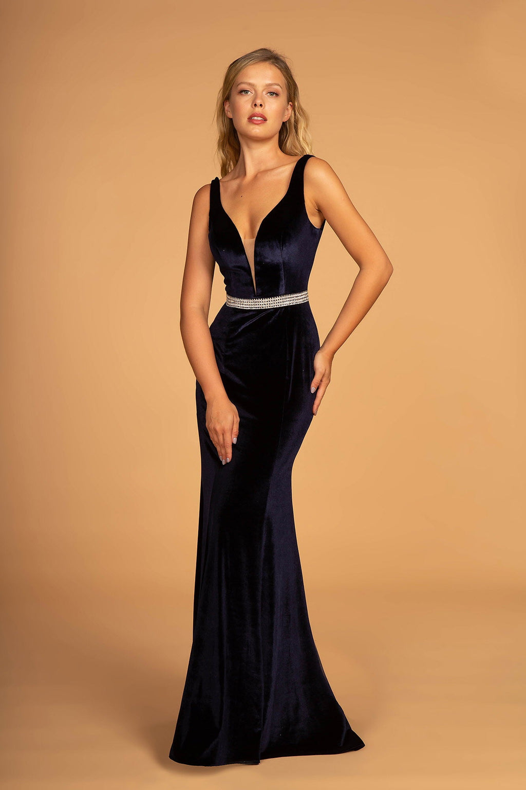 Jewel Accented Waist Line V-Neck Velvet Dress w/ U-Back is a women's dress selected for daily outfits, summer plans, brunch, travel, casual events, and wardrobe refreshes. Design details include Velvet fabric; Illusion V-Neck Sleeve: Sleeveless Back: Open, U-Back, Zipper Embellishment: Jewel Silhouette: Mermaid neckline/strap detail. It helps customers compare style, fit, fabric, occasion, season, and available variant options before purchase.