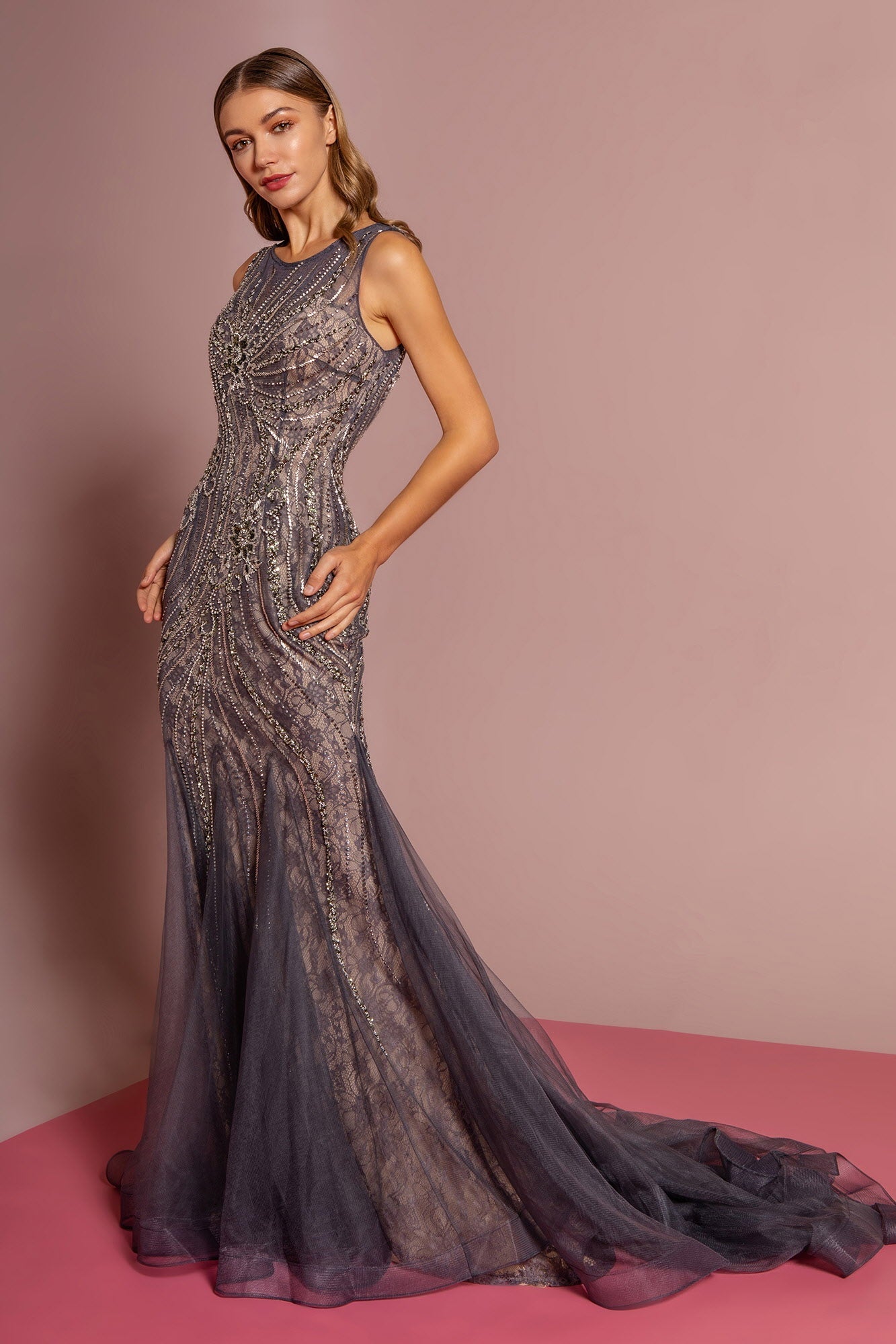 Jewel Embellished Lace Long Dress W/ Tail is a women's dress selected for daily outfits, summer plans, brunch, travel, casual events, and wardrobe refreshes. Design details include Lace, Mesh fabric; Scoop-Neck Sleeve: Sleeveless Back: Sheer, Zipper Embellishment: Beads, Jewel, Sequin Silhouette: Mermaid neckline/strap detail. It helps customers compare style, fit, fabric, occasion, season, and available variant options before purchase.