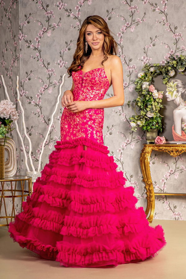 Nightgown | Sequin Sheer Bodice Ruffled Skirt Strapless Mesh Trumpet