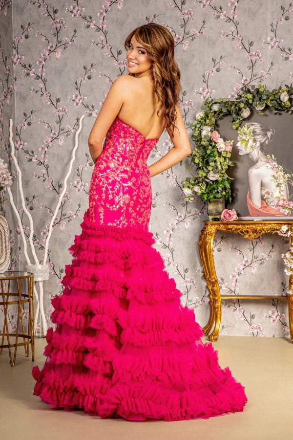 Nightgown | Sequin Sheer Bodice Ruffled Skirt Strapless Mesh Trumpet