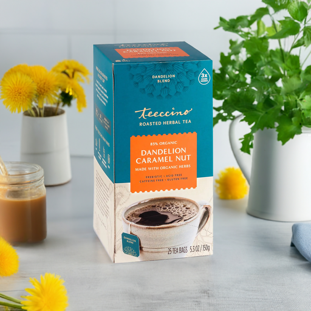 Té de hierbas tostadas de diente de león, caramelo y nuez