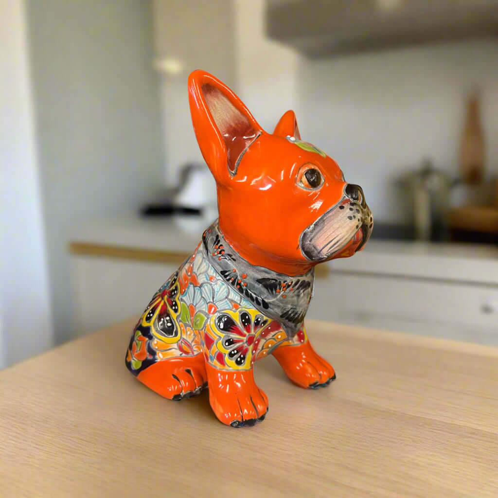 Talavera French Bulldog | Handmade Mexican Frenchie Statue is a hand-painted ceramic figurine chosen for home decor, collector displays, shelves, desks, mantels, and giftable accent pieces. The listing focuses on decor use, ceramic style, display value, and product details.
