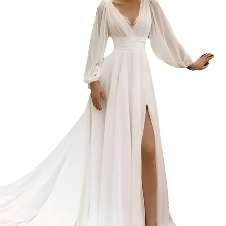 High Waist Long Sleeve Backless Wedding Dress High Slit