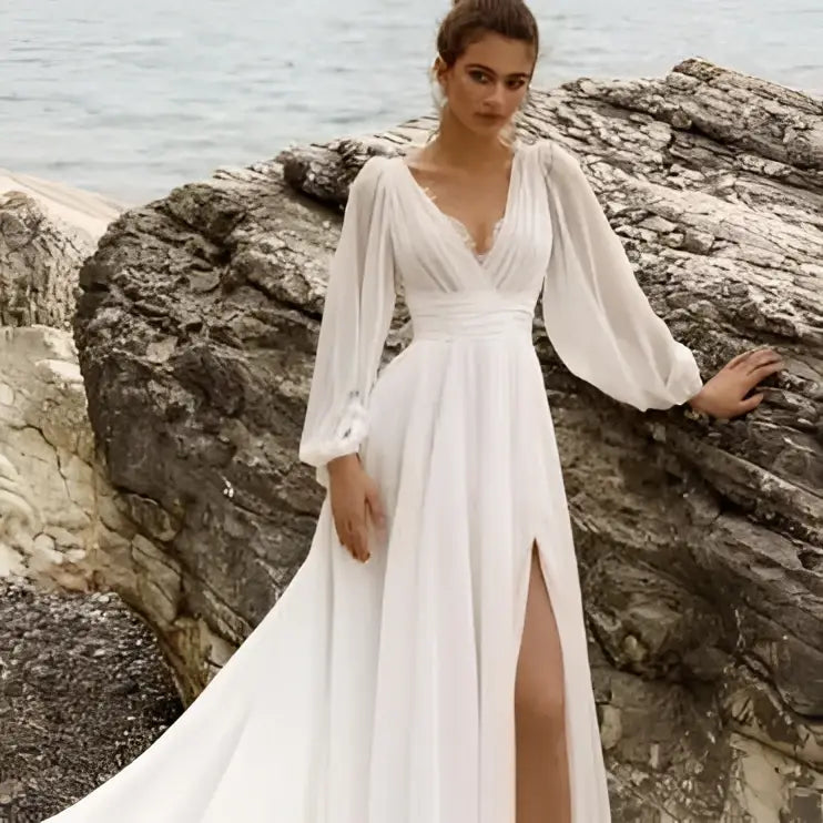 High Waist Long Sleeve Backless Wedding Dress High Slit