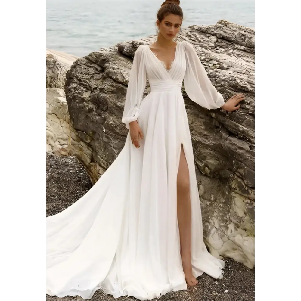 High Waist Long Sleeve Backless Wedding Dress High Slit