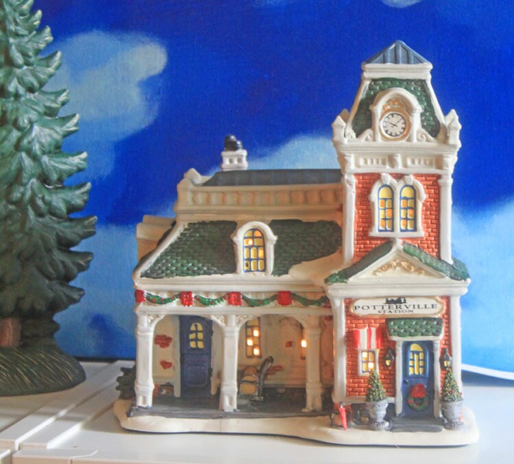 Holiday Village Accessory | Victorian Train Station. Illuminated Christmas Village House. Potterville