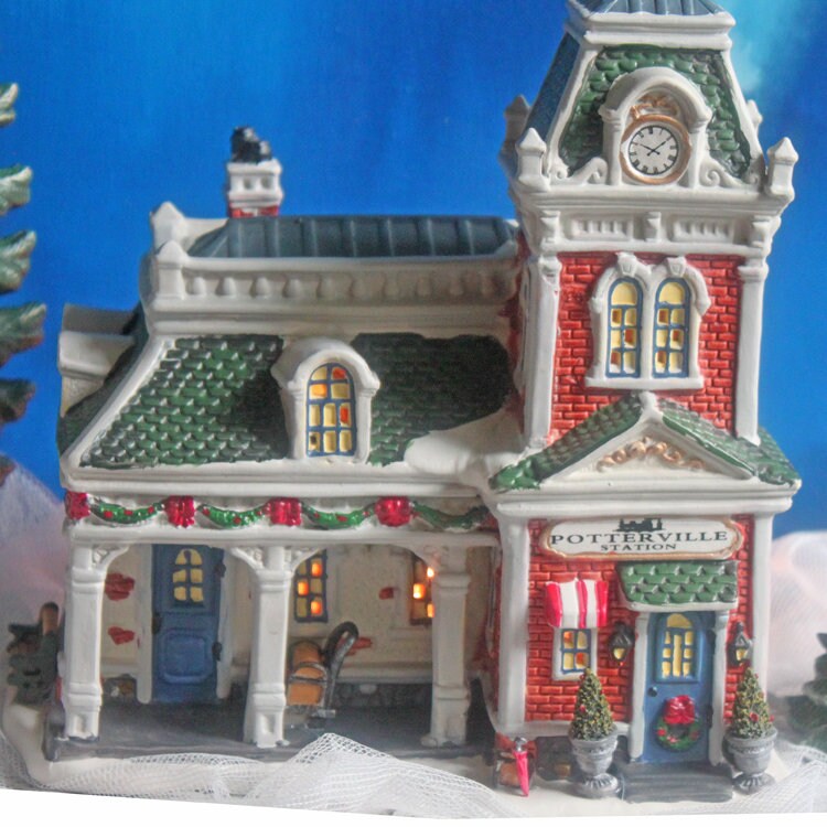 Holiday Village Accessory | Victorian Train Station. Illuminated Christmas Village House. Potterville