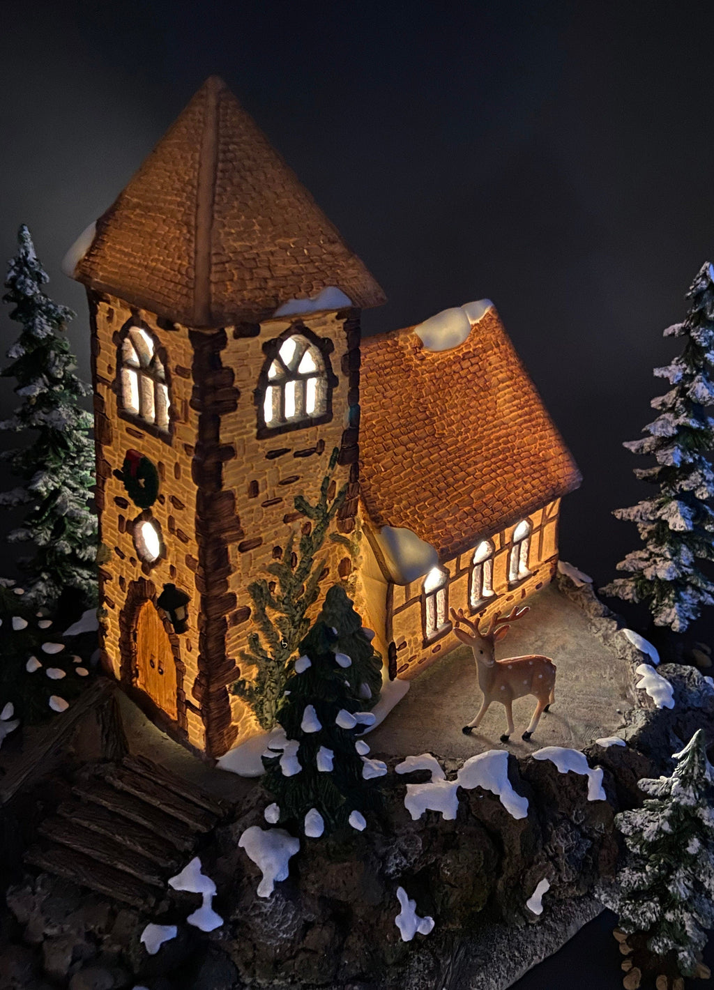 Holiday Village Accessory | Christmas Village Church with Stained Glass Window. Illuminated