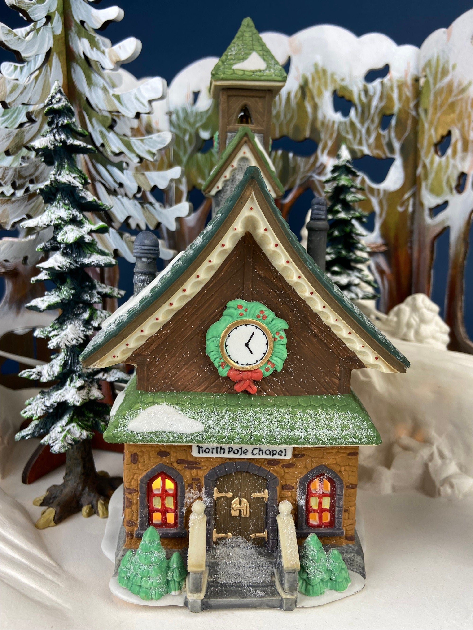 Holiday Village Accessory | Christmas Village Church with Stained Glass Window. Illuminated