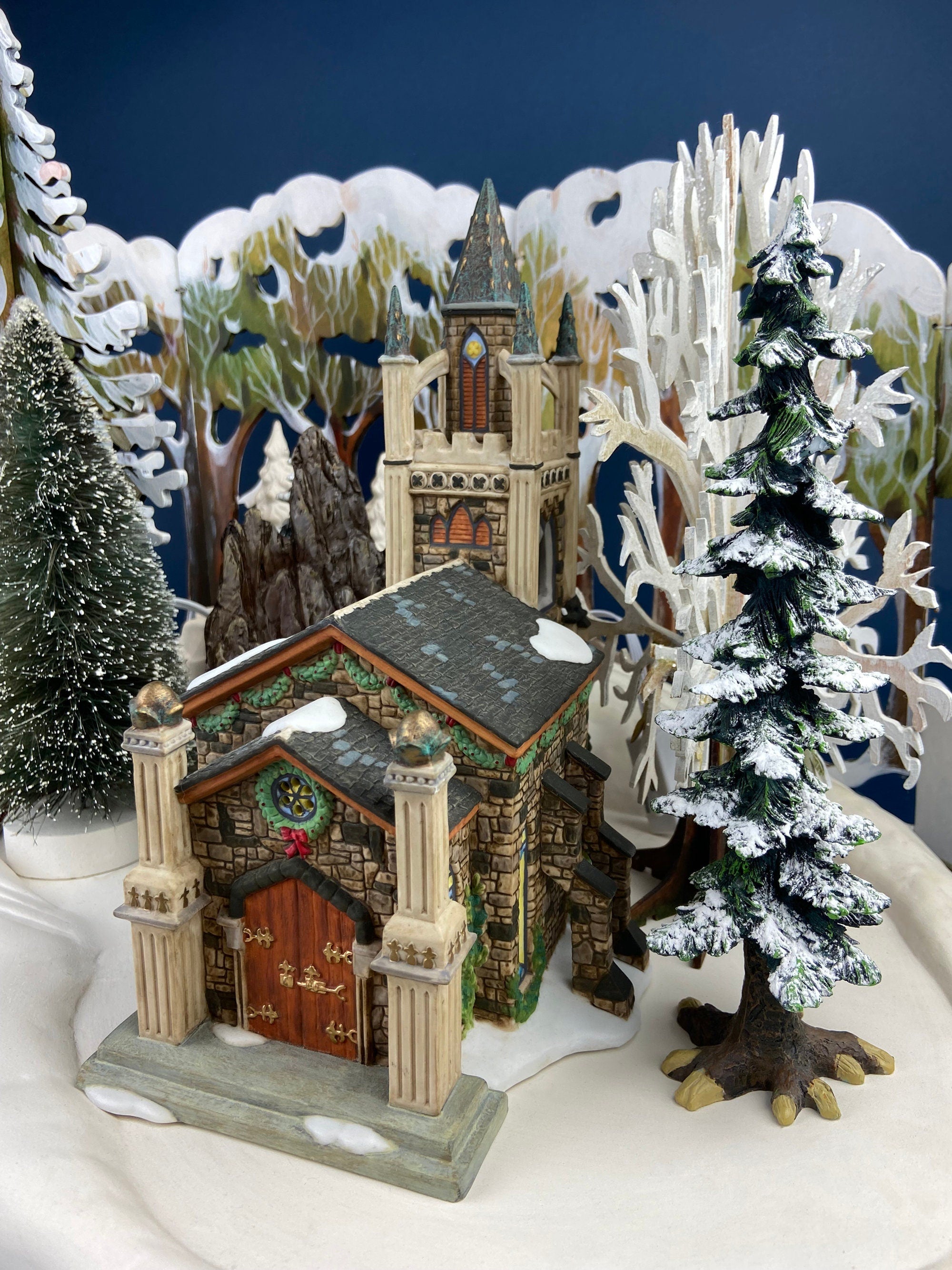 Holiday Village Accessory | Christmas Village Church with Stained Glass Window. Illuminated
