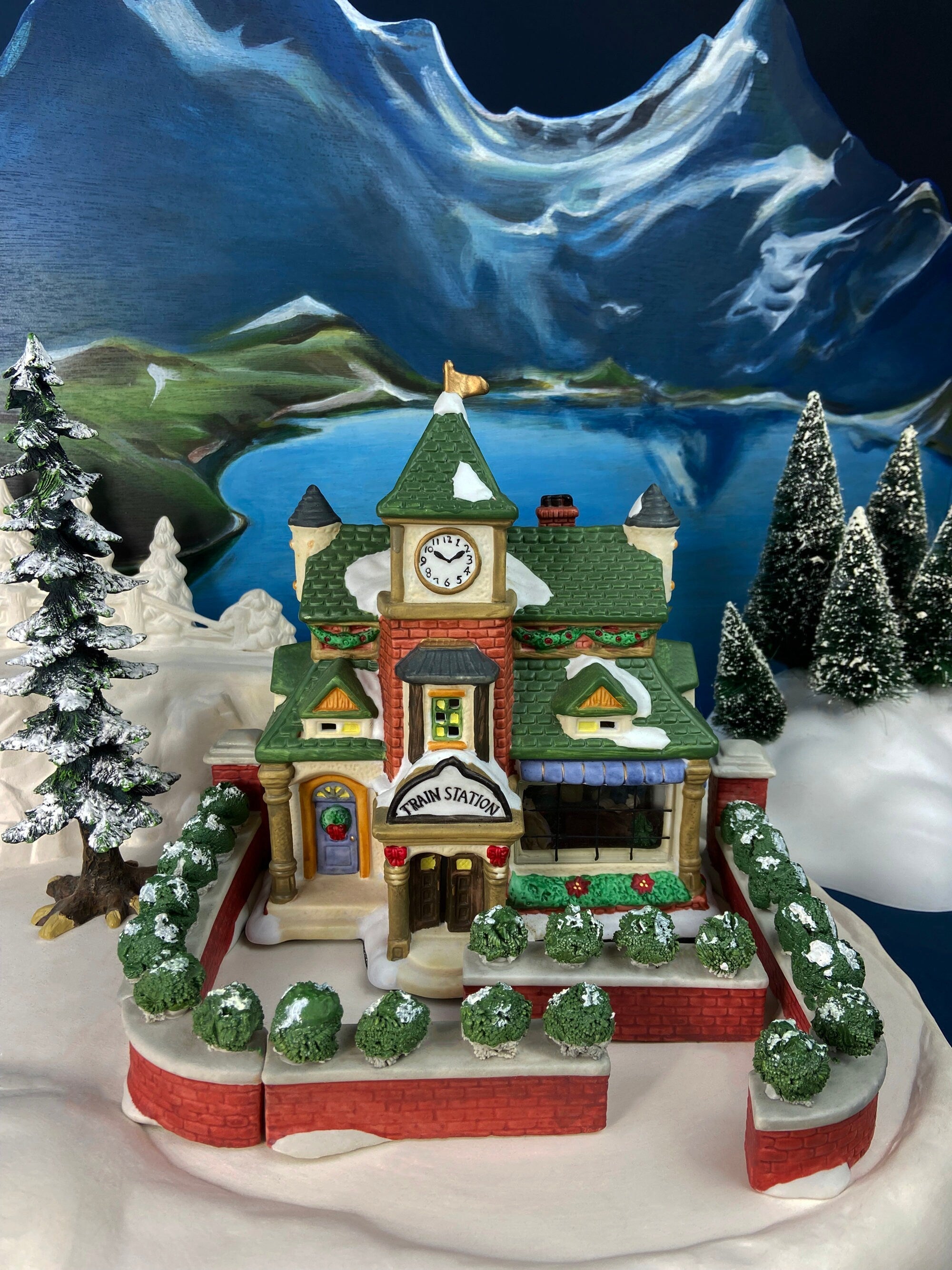 Holiday Village Accessory | Victorian Train Station. Illuminated Christmas Village House. Potterville