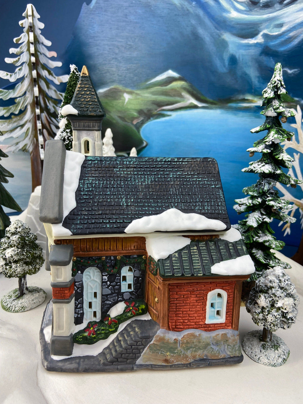 Holiday Village Accessory | Christmas Village Church with Stained Glass Window. Illuminated