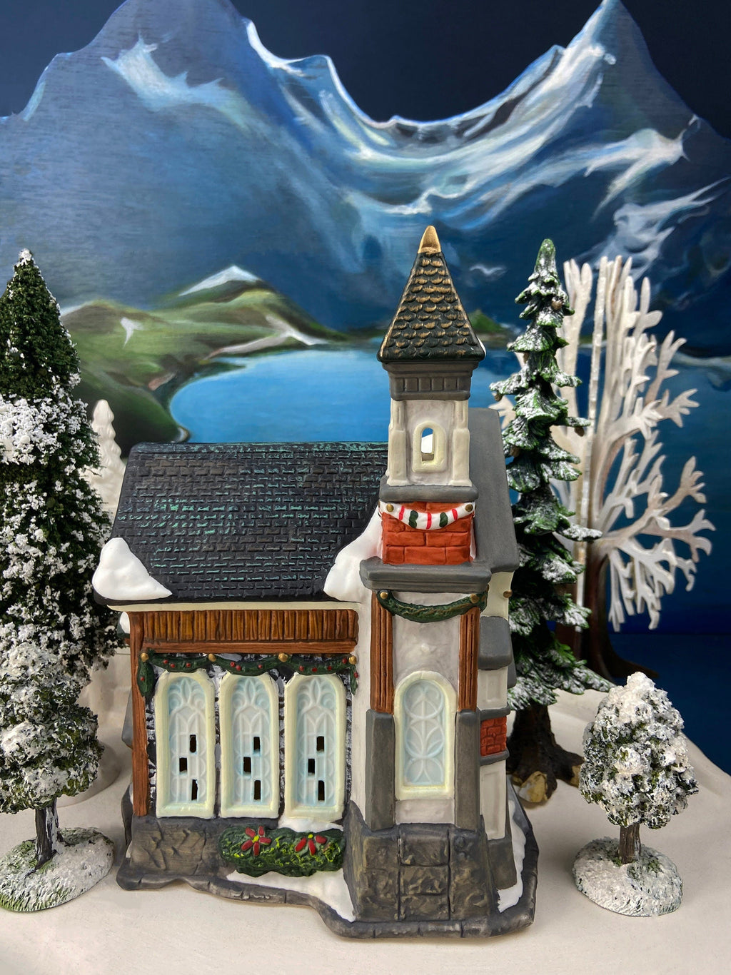 Holiday Village Accessory | Christmas Village Church with Stained Glass Window. Illuminated