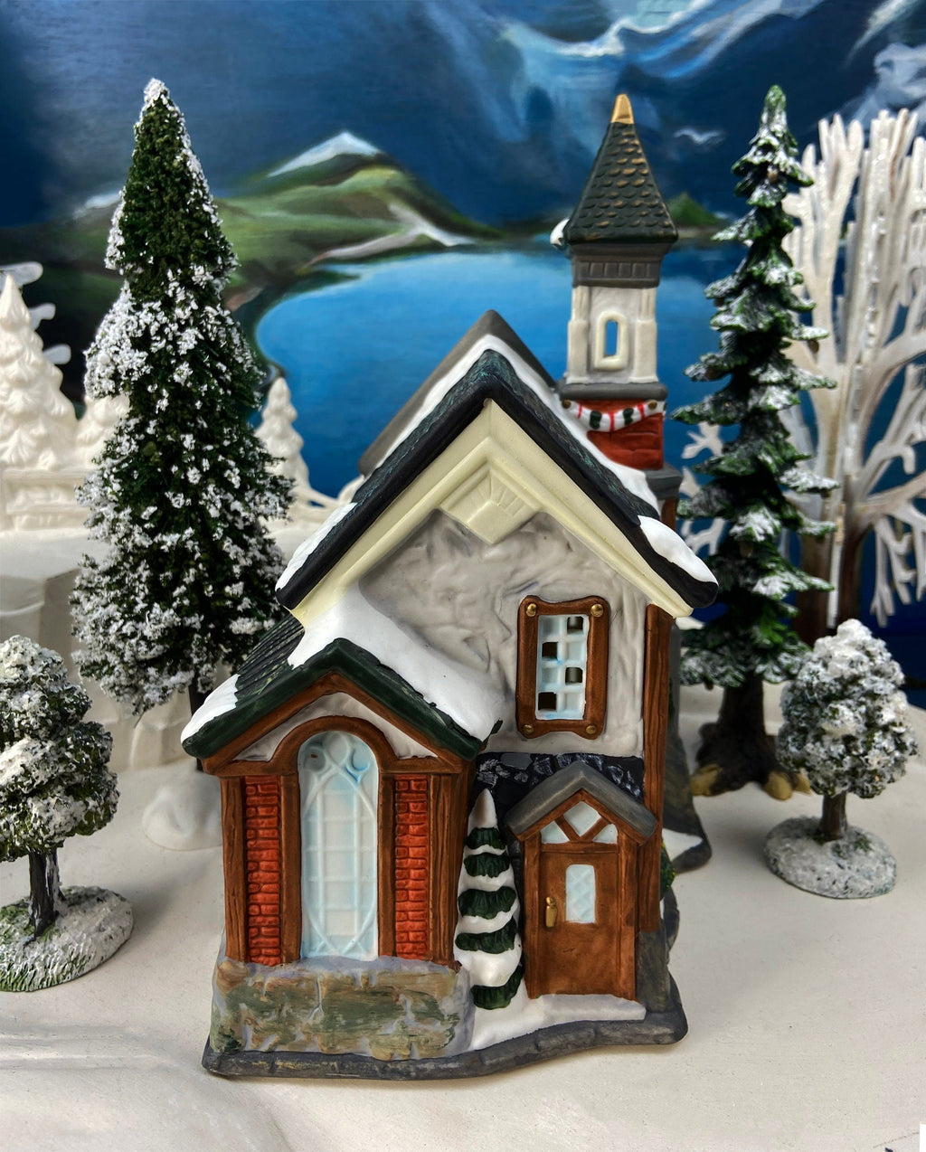 Holiday Village Accessory | Christmas Village Church with Stained Glass Window. Illuminated