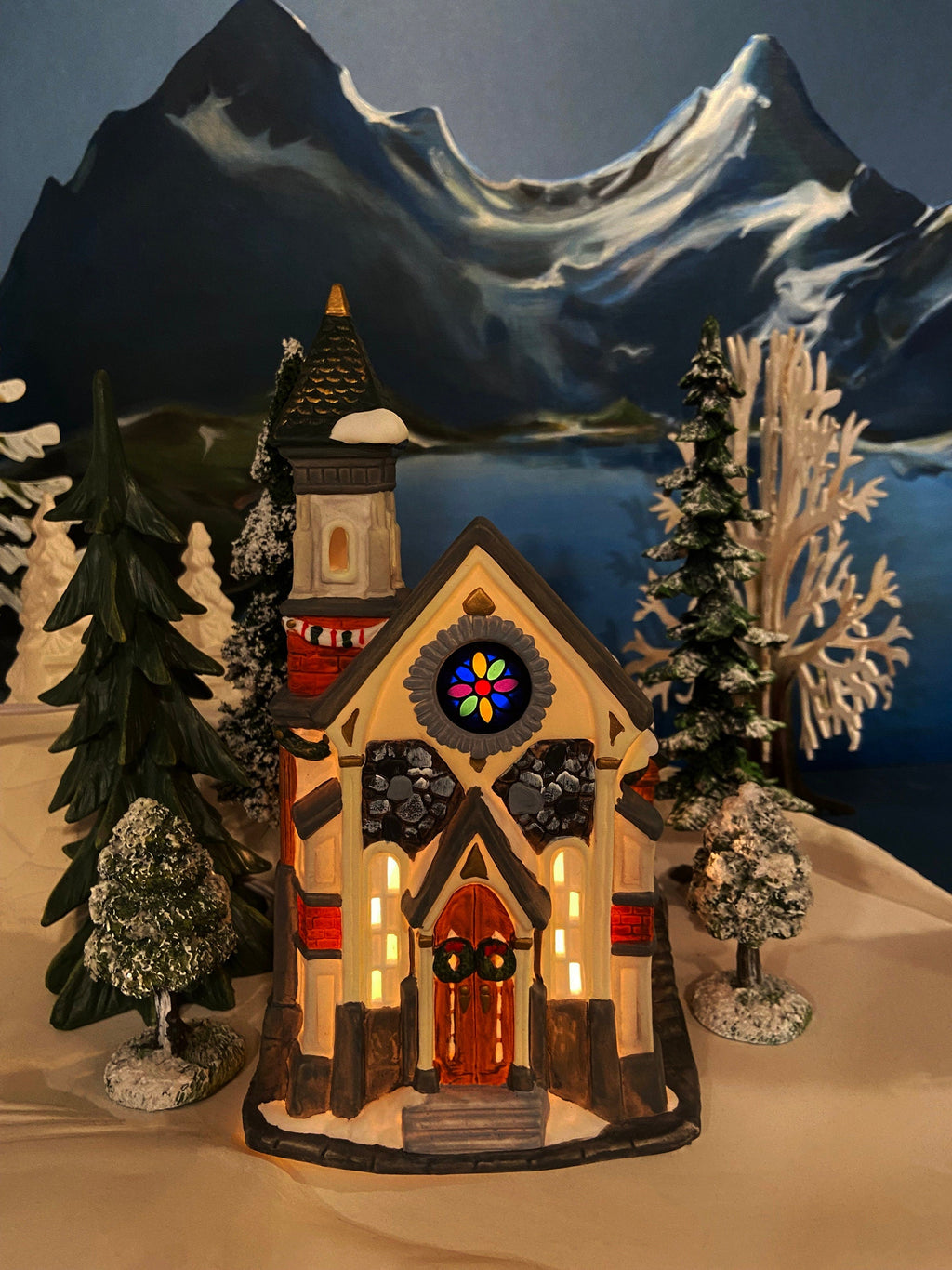 Holiday Village Accessory | Christmas Village Church with Stained Glass Window. Illuminated