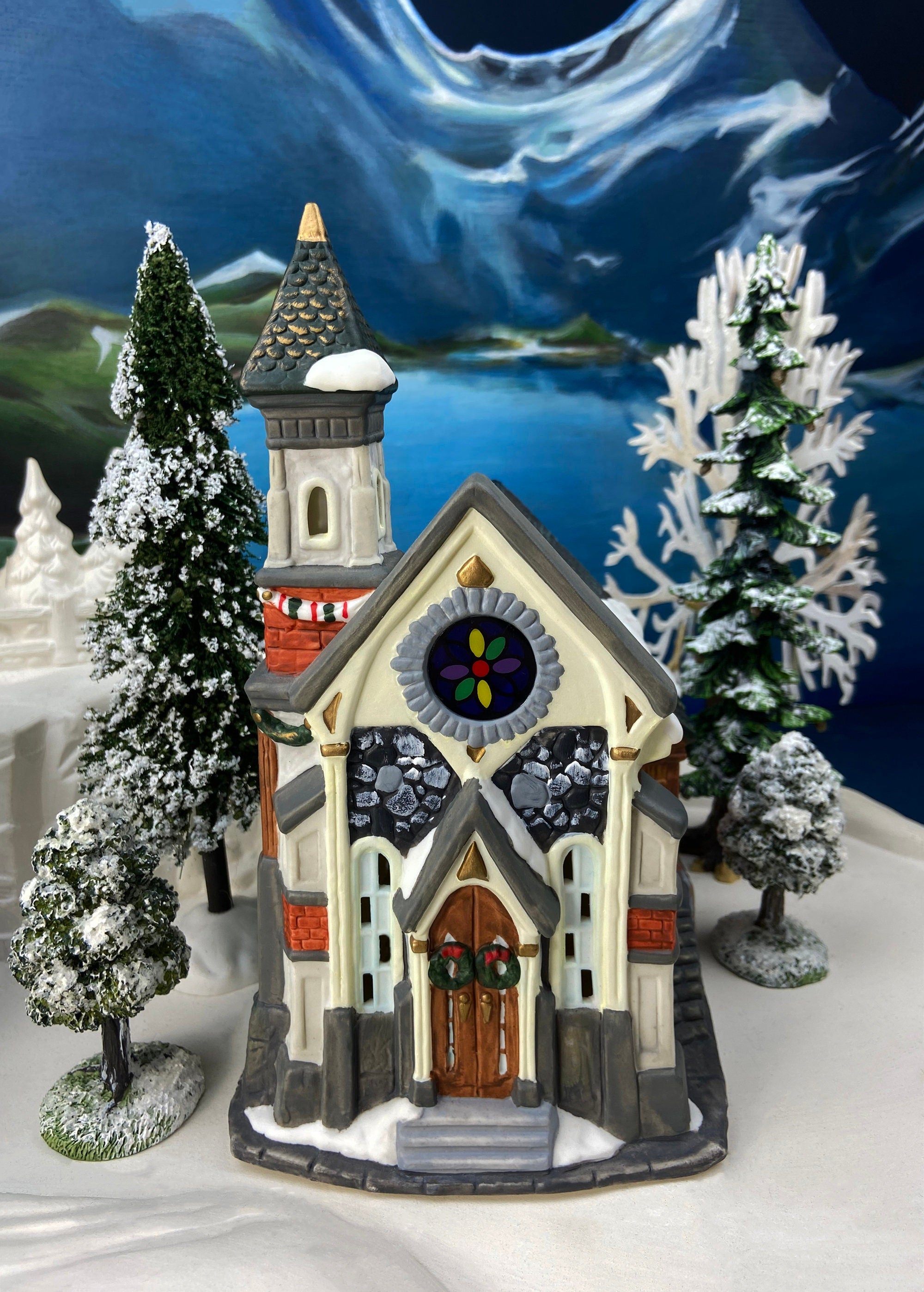 Holiday Village Accessory | Christmas Village Church with Stained Glass Window. Illuminated