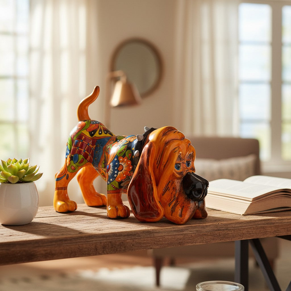 Talavera Hound Dog Statue | Vibrant Mexican Ceramic Art is a hand-painted ceramic figurine chosen for home decor, collector displays, shelves, desks, mantels, and giftable accent pieces. The listing focuses on decor use, ceramic style, display value, and product details.