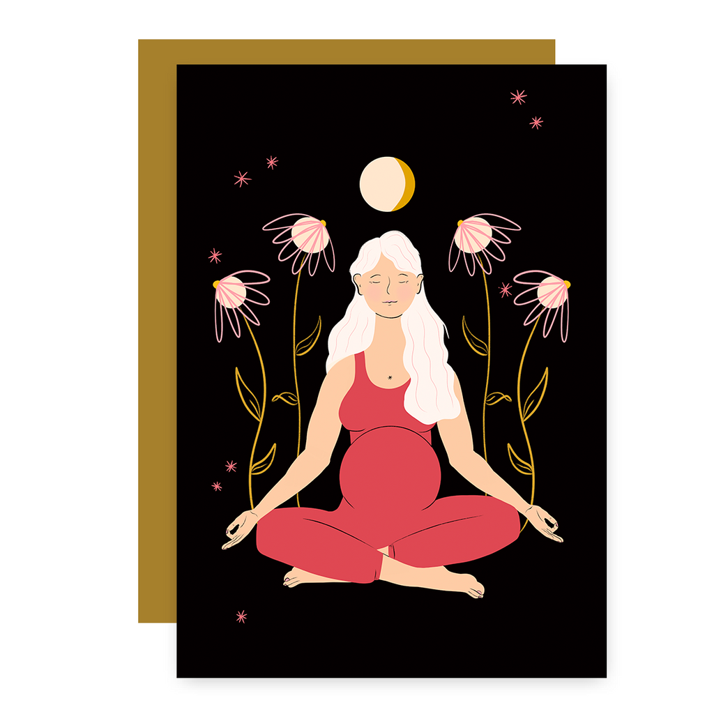 Tarjeta de felicitación ecológica "Mamá meditando" con arte dibujado a mano de persona embarazada en postura de yoga de meditación + sobre reciclado, interior en blanco
