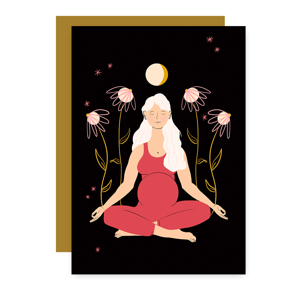 "Meditating Mama" Eco Recycled Greeting Card w. Hand-Drawn Art of Pregnant Person in Meditation Yoga Pose + Recycled Envelope, Blank inside