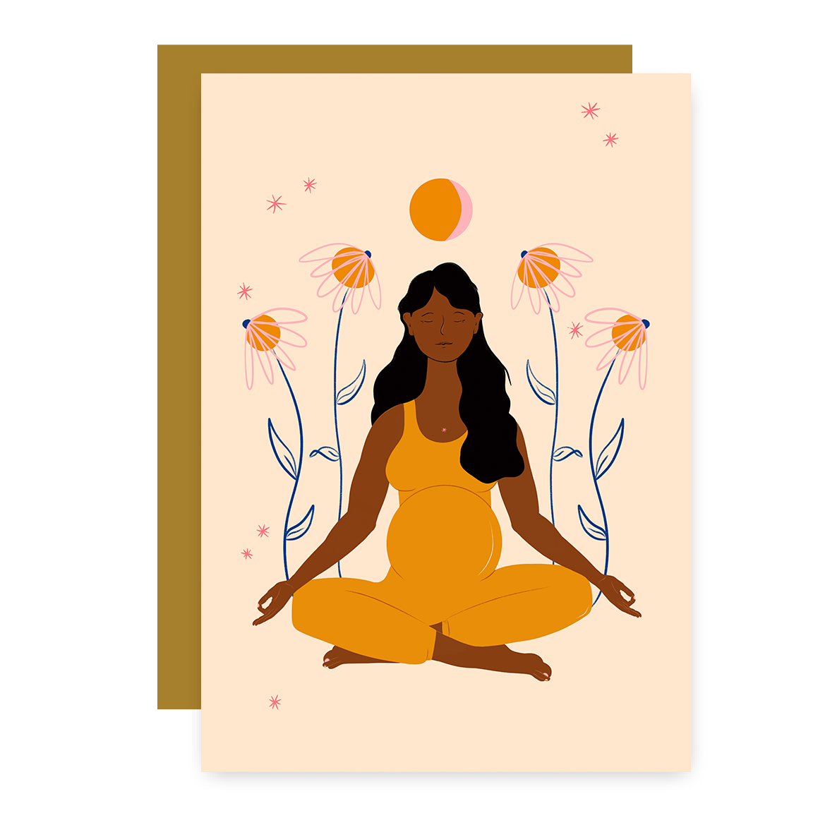 "Meditating Mama" Eco Recycled Greeting Card w. Hand-Drawn Art of Pregnant Person in Meditation Yoga Pose + Recycled Envelope, Blank inside