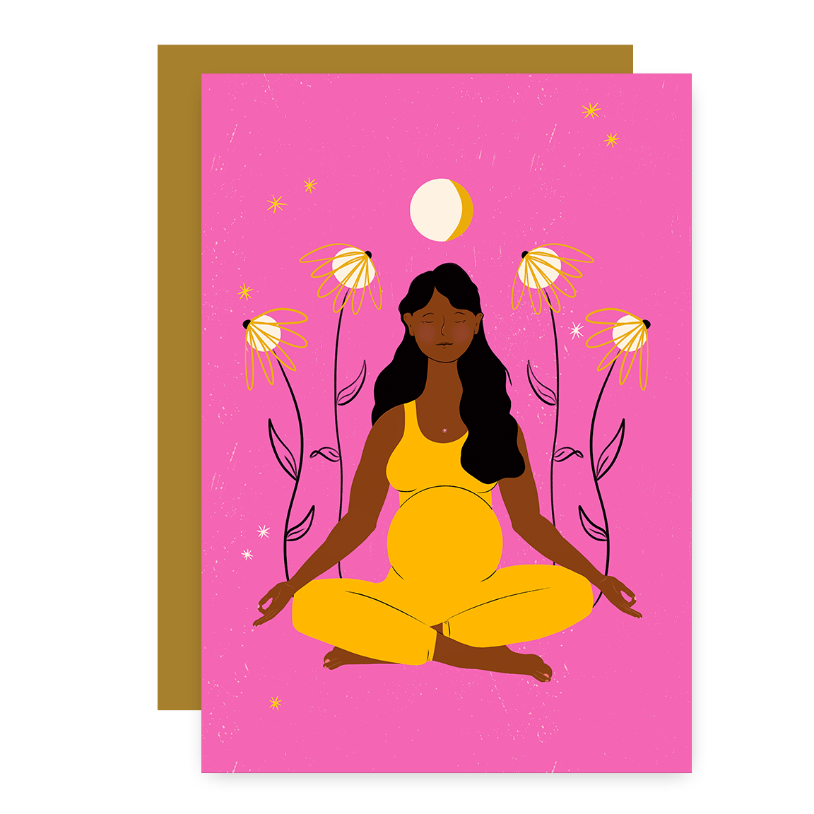 "Meditating Mama" Eco Recycled Greeting Card w. Hand-Drawn Art of Pregnant Person in Meditation Yoga Pose + Recycled Envelope, Blank inside