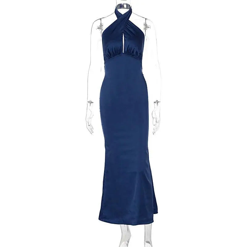 Navy Blue Elegant Backless Sleeveless Satin Gown