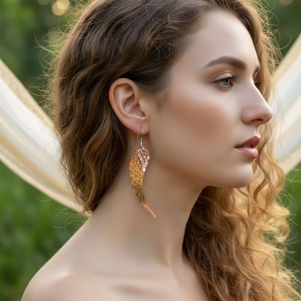 Earring | Copper Hammer Pattern Sculpted Angel Wings Earrings