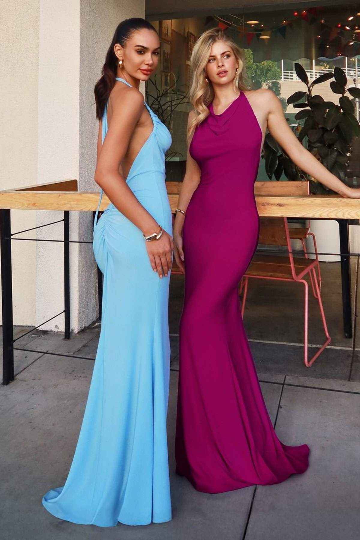 Astee T506 is a women’s bridal party dress for prom, wedding, formal events. Source details list a Fitted, floor-length gown silhouette. Design details include Multi-way convertible neckline with adjustable straps. Fabric/material details: Stretch ITY fabric with smooth, fluid drape. Fit detail: Body-contouring fit with back ruching for added shape. Colors listed: Black, Light Blue, Lt Yellow, Orange Coral, Orchid, Red, Royal Blue, Wine. Use the product options for exact color and size selection.