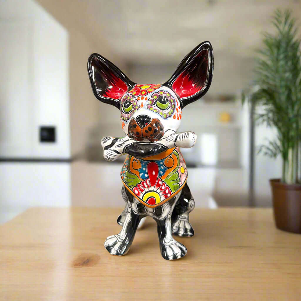 Talavera Figurine | Talavera Chihuahua Holding Bone