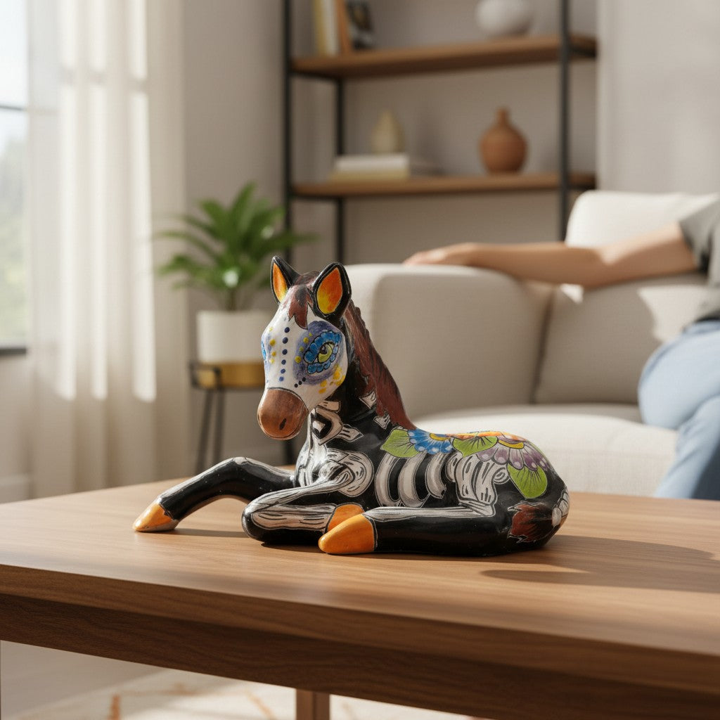 Talavera Horse Figurine | Day of the Dead Skeleton Design is a hand-painted ceramic figurine chosen for home decor, collector displays, shelves, desks, mantels, and giftable accent pieces. The listing focuses on decor use, ceramic style, display value, and product details.