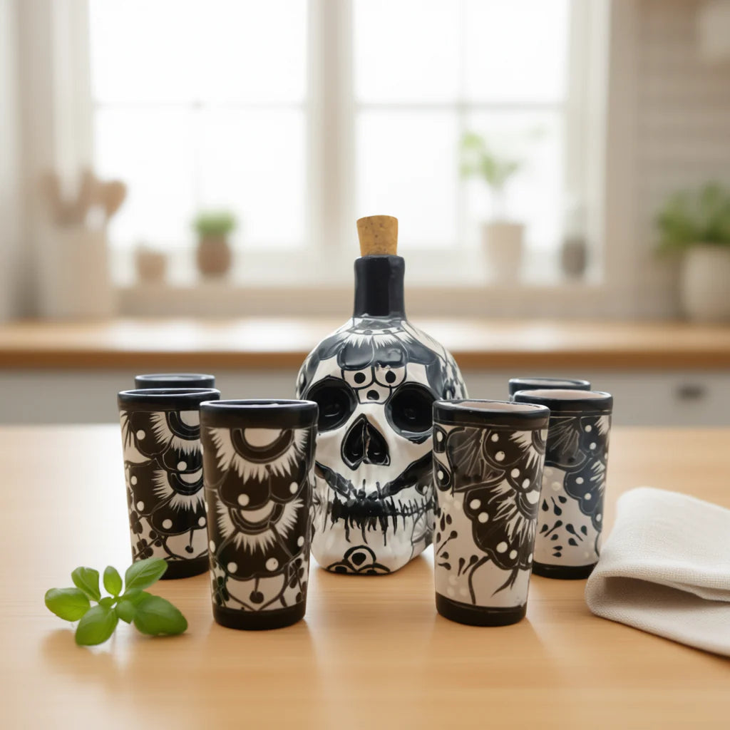 Talavera Skull Decanter with 6 Shot Glasses | Mexican Bar Set is a decanter and shot glass set selected for home, kitchen, drinkware, entertaining, and gift shoppers. It focuses on use, material style, display value, and available listing options.