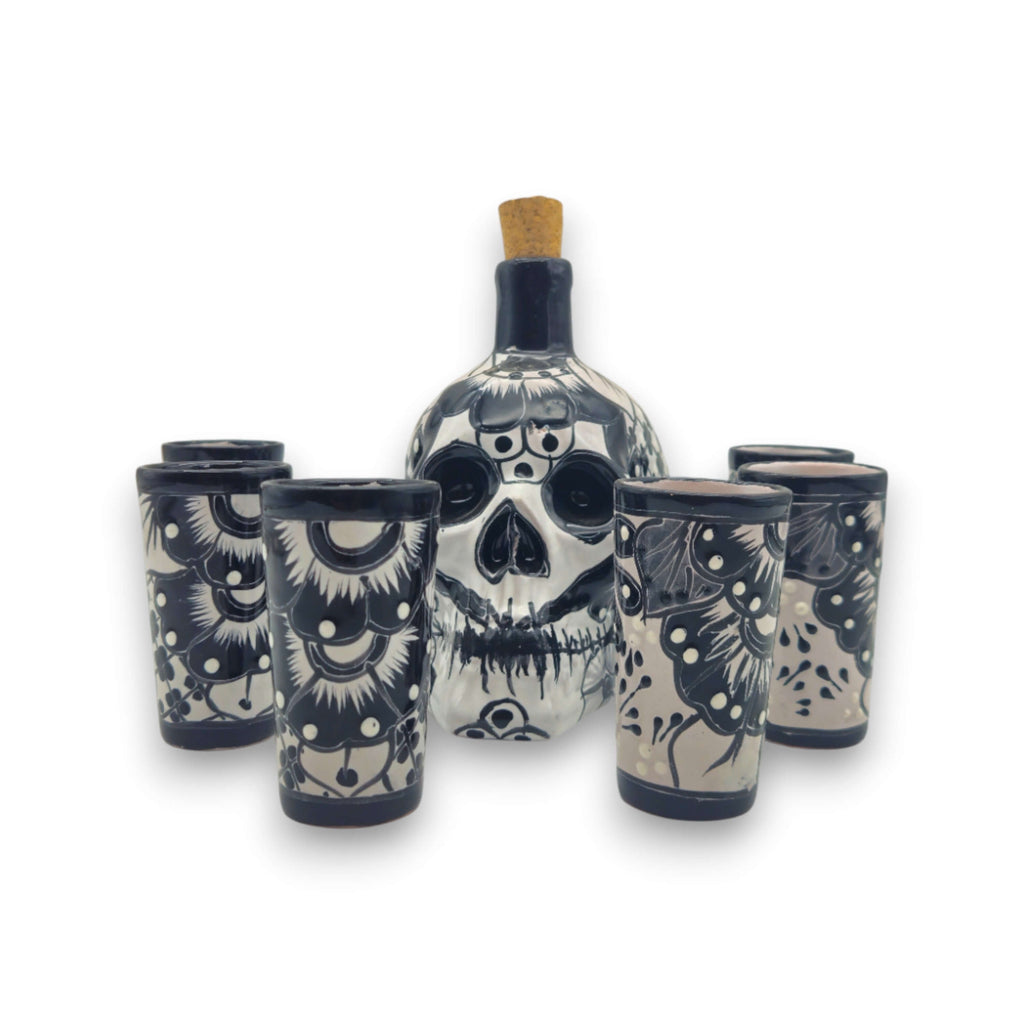 Mexican Decanter | Talavera Skull Decanter with 6 Shot Glasses