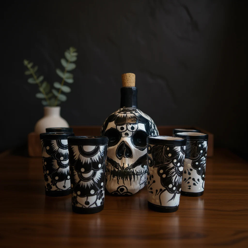Mexican Decanter | Talavera Skull Decanter with 6 Shot Glasses