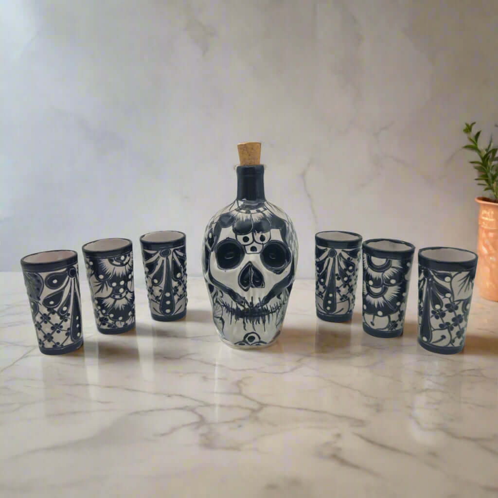 Mexican Decanter | Talavera Skull Decanter with 6 Shot Glasses