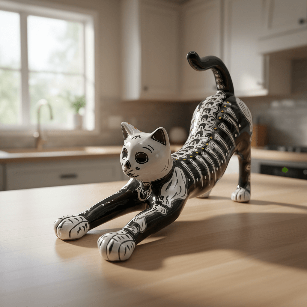 Talavera Stretching Cat Figurine | Hand-Painted Calavera Art is a hand-painted ceramic figurine chosen for home decor, collector displays, shelves, desks, mantels, and giftable accent pieces. The listing focuses on decor use, ceramic style, display value, and product details.