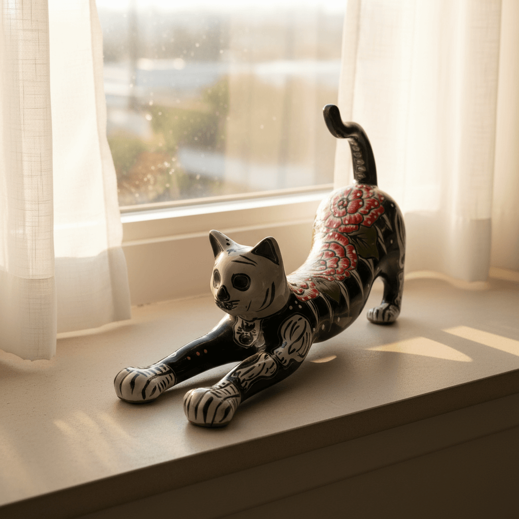 Talavera Statue | Talavera Stretching Cat Figurine