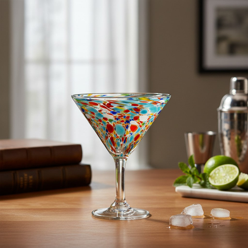Confetti Pebbled Martini Glass | Hand-Blown Mexican Barware is a hand-blown martini glass selected for home, kitchen, drinkware, entertaining, and gift shoppers. It focuses on use, material style, display value, and available listing options.