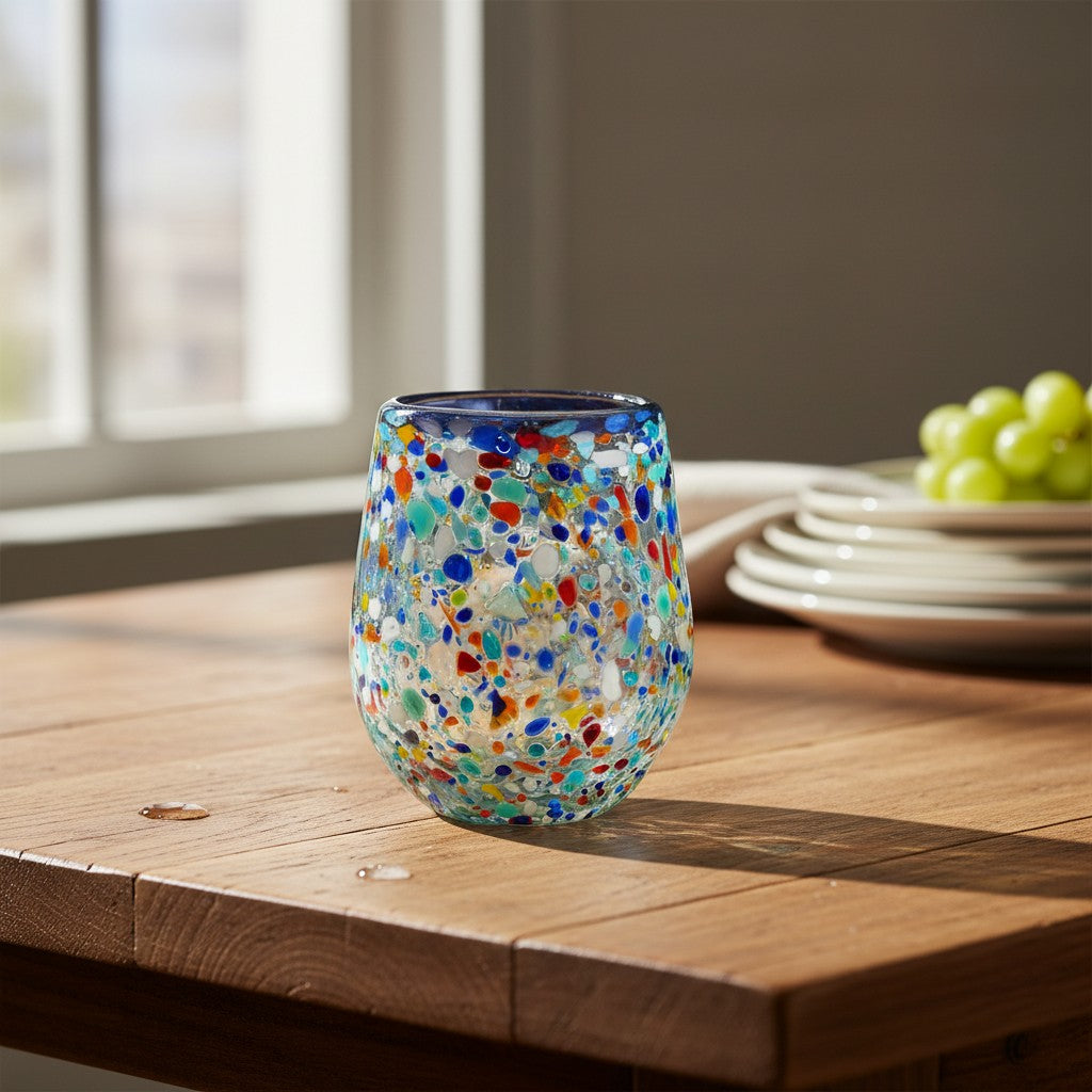 Blue Rim Confetti Wine Glass | Hand-Blown Mexican Stemless Cup is a hand-blown wine glass selected for home, kitchen, drinkware, entertaining, and gift shoppers. It focuses on use, material style, display value, and available listing options.
