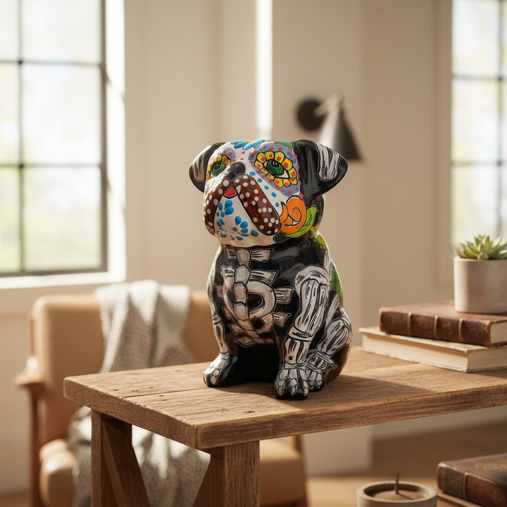 Day of the Dead Bulldog Figurine | Handmade Talavera Dog Statue is a hand-painted ceramic figurine chosen for home decor, collector displays, shelves, desks, mantels, and giftable accent pieces. The listing focuses on decor use, ceramic style, display value, and product details.