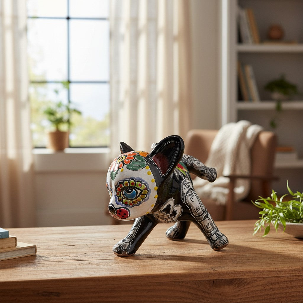 Talavera Peeing Chihuahua | Day of the Dead Mexican Figurine is a hand-painted ceramic figurine chosen for home decor, collector displays, shelves, desks, mantels, and giftable accent pieces. The listing focuses on decor use, ceramic style, display value, and product details.