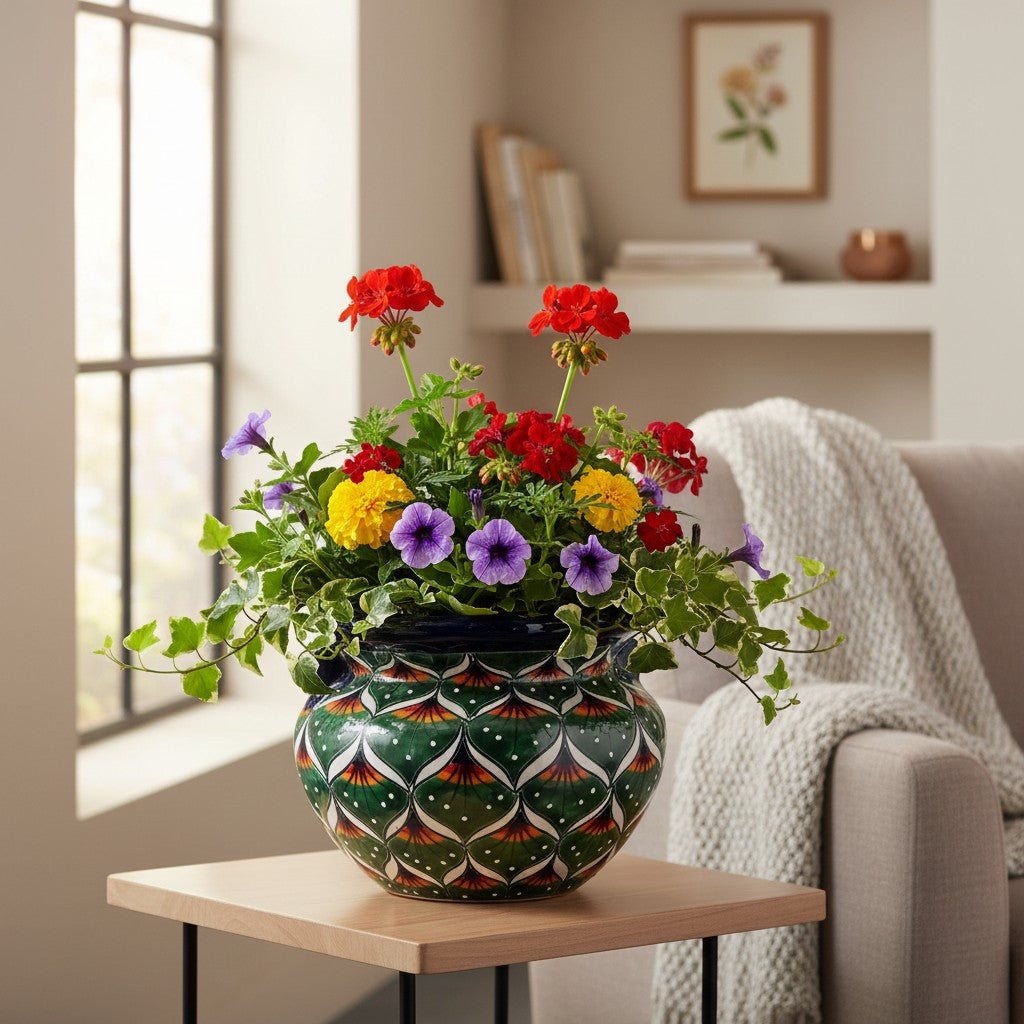 Vibrant Talavera Flower Pot | Green Peacock Design is a hand-painted ceramic planter made for plant displays, garden accents, windowsills, patio styling, and colorful home decor. It is a home and garden product made for decorative plant displays and giftable home styling.