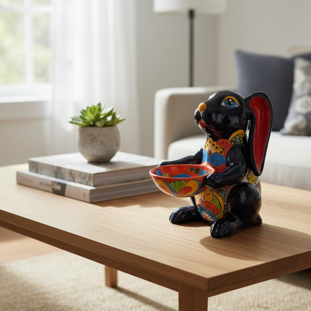Vibrant Handmade Talavera Bunny Statue | Mexican Folk Art Feeder is a hand-painted ceramic figurine chosen for home decor, collector displays, shelves, desks, mantels, and giftable accent pieces. The listing focuses on decor use, ceramic style, display value, and product details.
