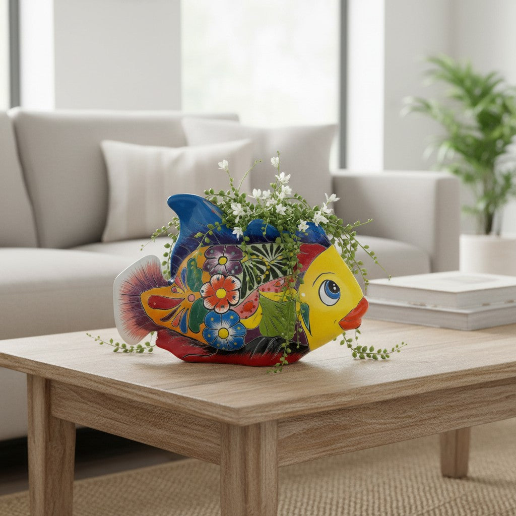 Talavera Fish Planter | Hand-Painted Colorful Mexican Pottery is a hand-painted ceramic planter made for plant displays, garden accents, windowsills, patio styling, and colorful home decor. It is a home and garden product made for decorative plant displays and giftable home styling.
