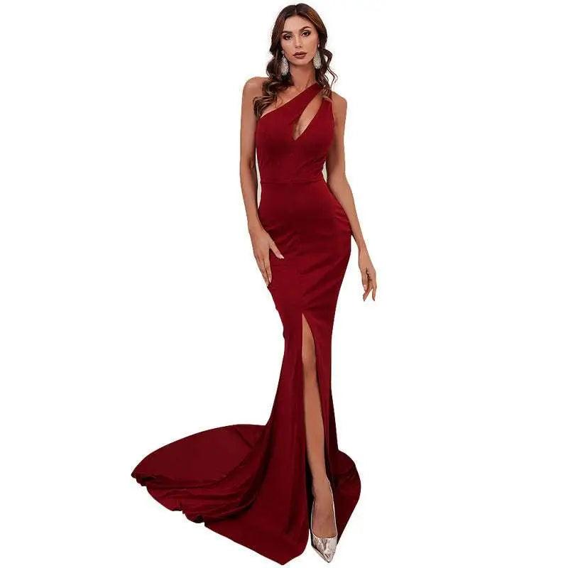 Wine Red One Shoulder Mermaid Annual Meeting Dress