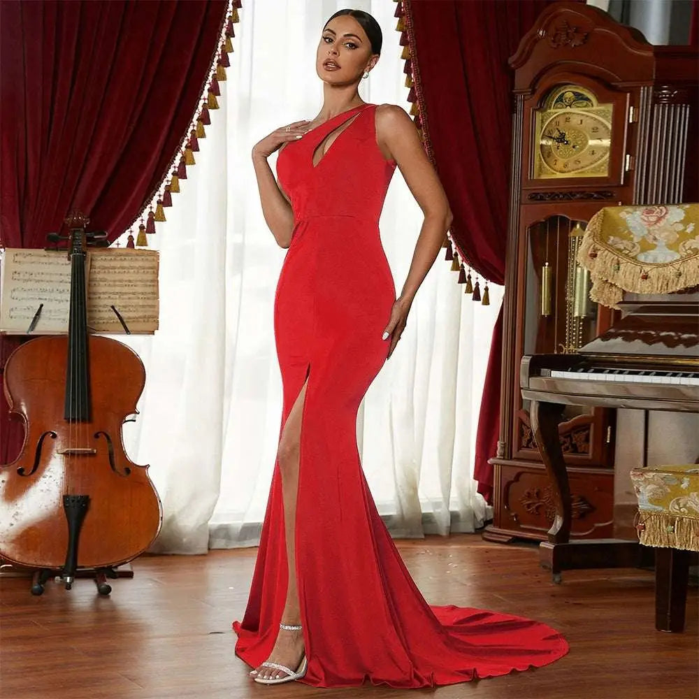 Wine Red One Shoulder Mermaid Annual Meeting Dress